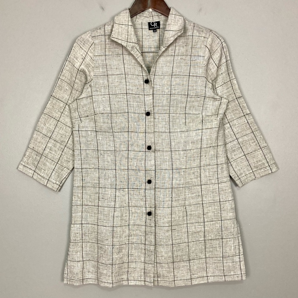 Connie Roberson Woven Linen Tunic Top Women’s Size XS Button Front Grid Plaid